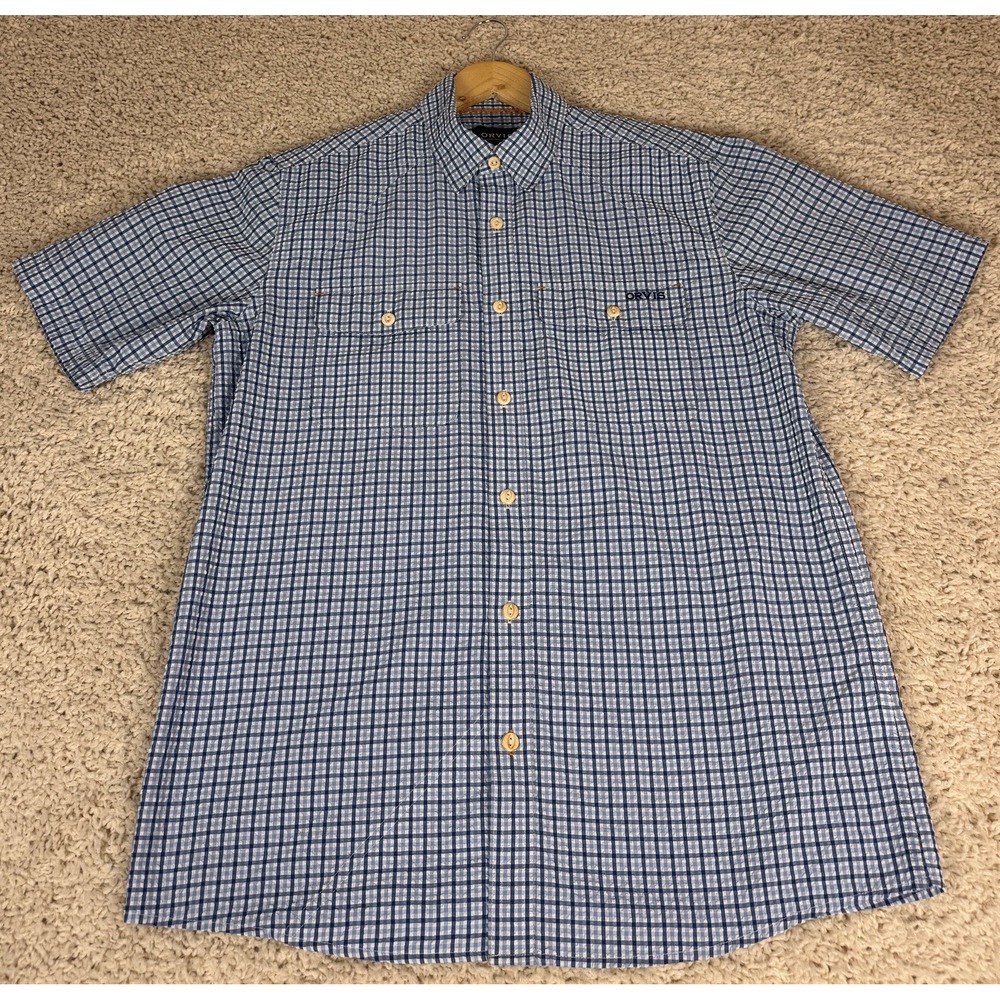Orvis Button Down Shirt Mens M Blue Check Active Fit Short Sleeve Excellent
